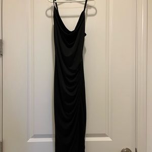 Black mid satin slip dress with adjustable straps